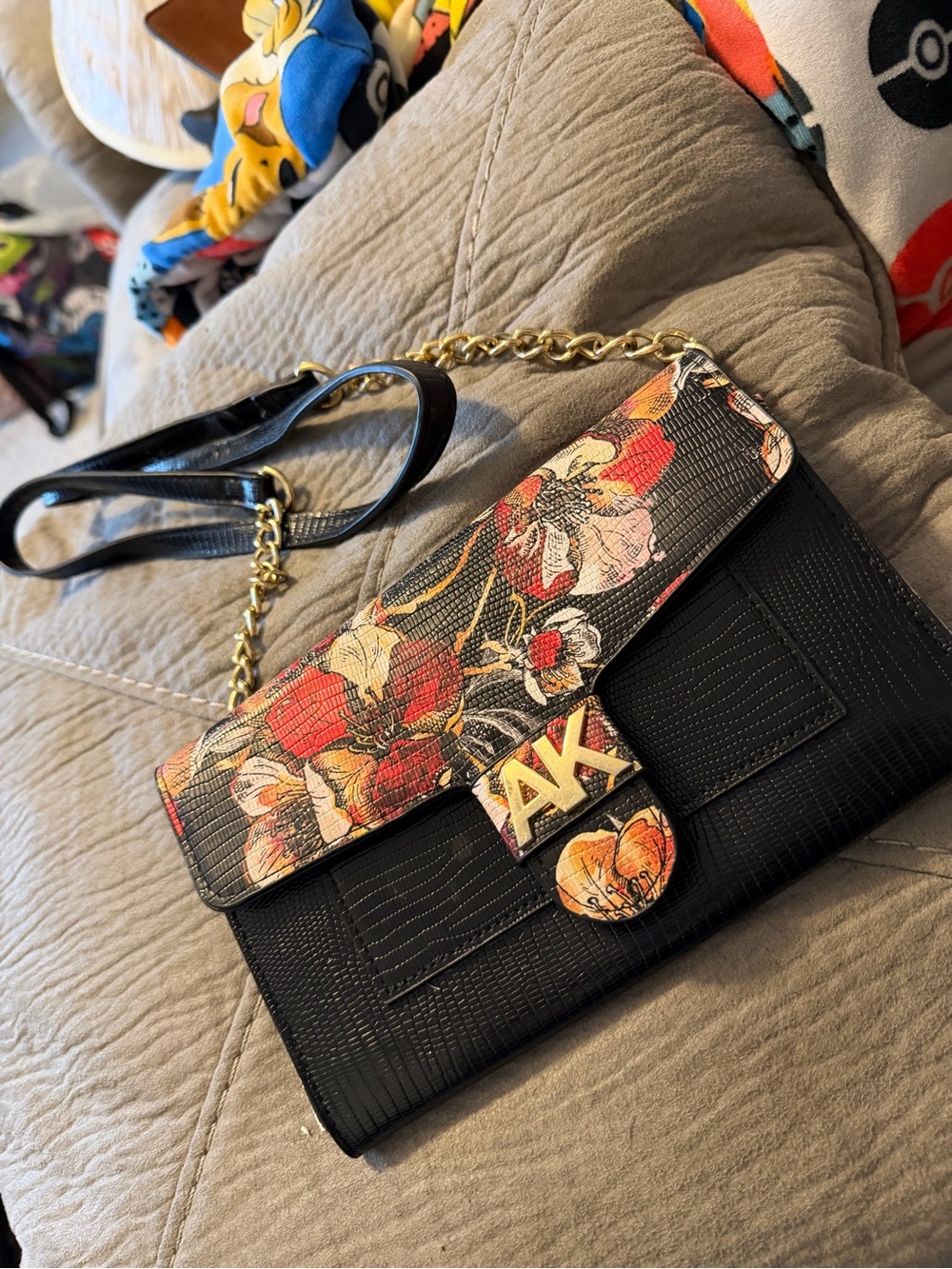 Anne Klein Black Crossbody with Floral Print Flap and Gold Hardware
